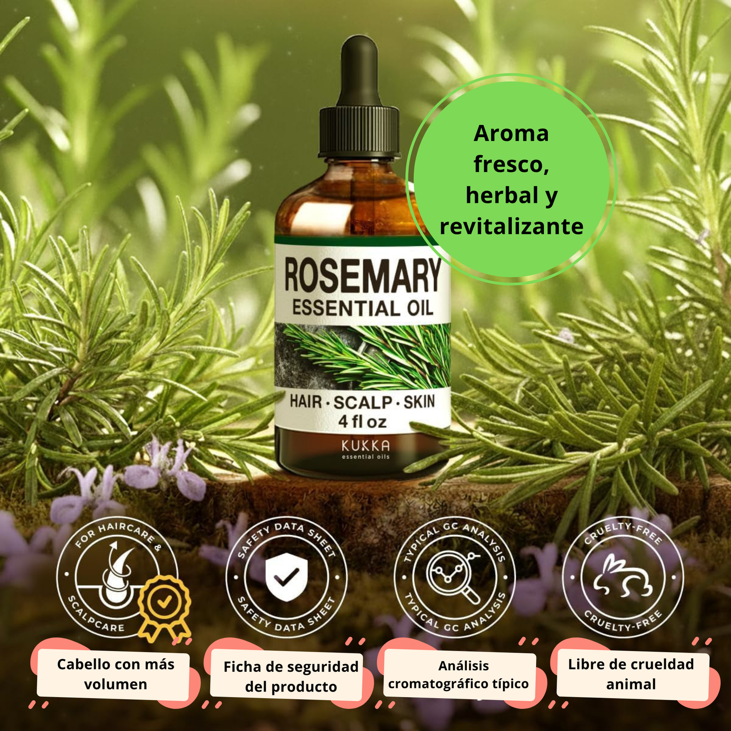 Aceite esencial de Romero - 4 Fl Oz, 120 ml- Para cabello, Piel, Difusores, Aromaterapia & esencia de jabones y champú
